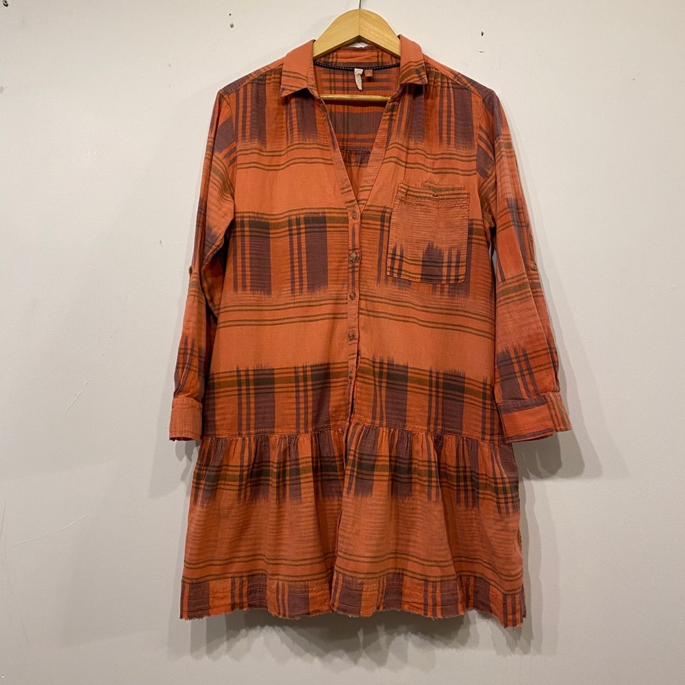 Pilcro Anthropologie Orange Plaid Ikat Ruffle Hem Shirt Dress Western Boho Large